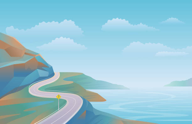 ilustraciones, imágenes clip art, dibujos animados e iconos de stock de antecedentes paisajísticos de la carretera costera - scenics highway road backgrounds