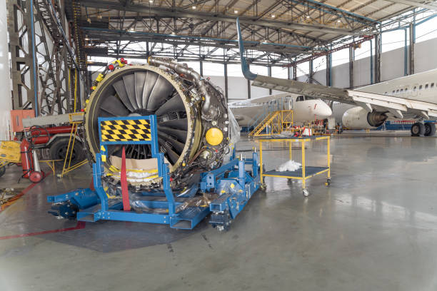 istock Big aircraft turbine in hangar during overhaul 1344771277