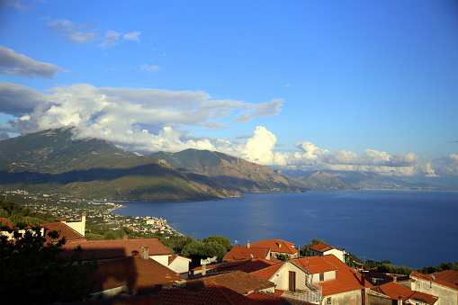 Cloudy top view of the Gulf of Policastro, Ispani, Cilento Campania, Italy