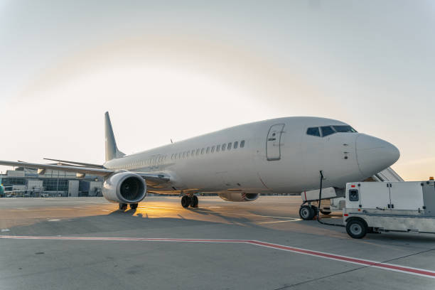istock Modern passenger plane at the airport at sunset 1344771371