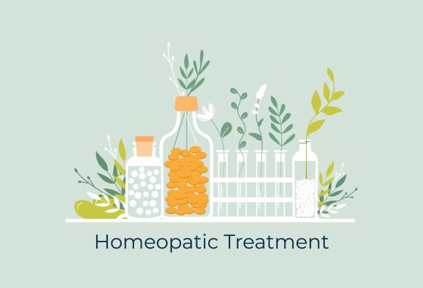 ilustrações de stock, clip art, desenhos animados e ícones de green organic natural homeopathic pills in glass jars. homeopathy treatment herbal alternative medicine, essential natural oil, herb pharmacy, food supplement. flat vector - chinese medicine herb pill nutritional supplement