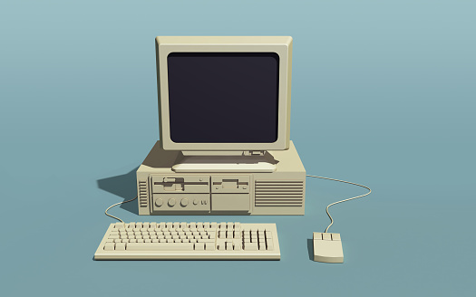 Retro pc with mouse and keyboard. 3d rendering