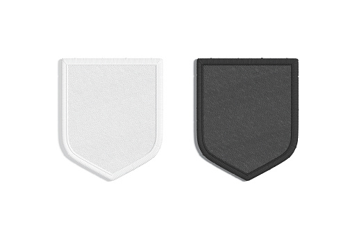 Blank black and white shield embroidered patch mockup, top view, 3d rendering. Empty fabric stripe attachment mock up, isolated. Clear sewn label or badge for stitches iconic template.