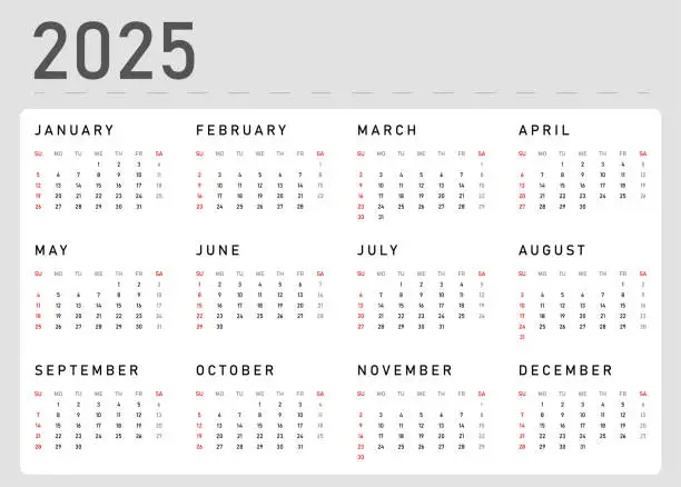 Vector illustration of Calendar 2025 Vector Illustration Template. Week Starts on Sunday,