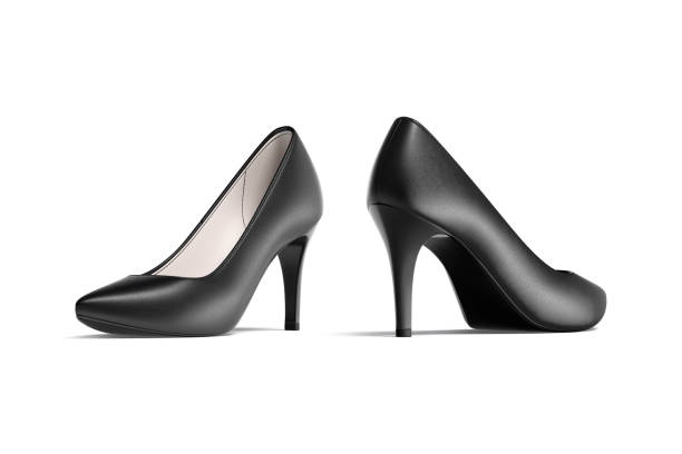 Blank black high heels shoes mockup, half-turned view, side back