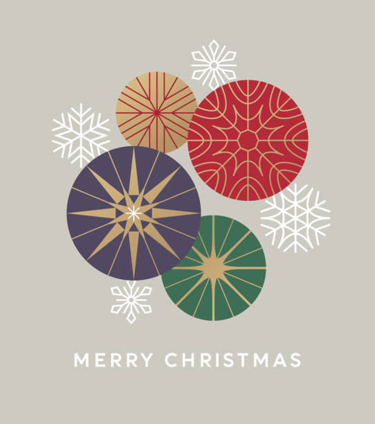 Modern Graphic Christmas Card Abstract graphic Christmas background. Modern Holiday graphics with stylized snowflakes and ornaments. Modern retro style Christmas card. modern holiday card stock illustrations