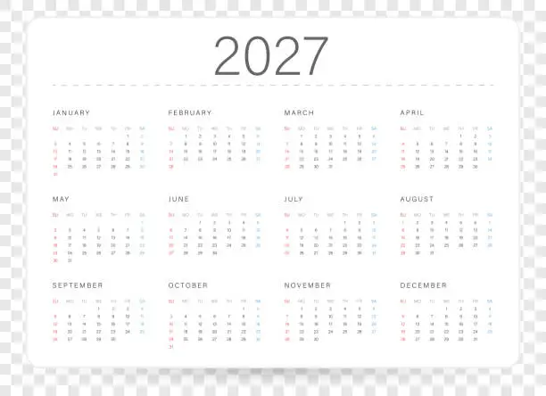 Vector illustration of Calendar 2027 Vector Illustration Template. Week Starts on Sunday,