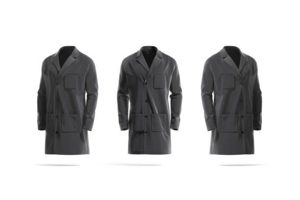 istock Blank black medical lab coat mockup, front and side view 1344775059