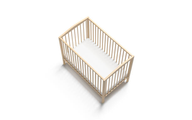 Blank wood cot with white crib sheet mockup, side view, 3d rendering. Empty wooden bassinet with sleeping pad for kid mock up, isolated. Clear protection lattice for safety babe sleep template.