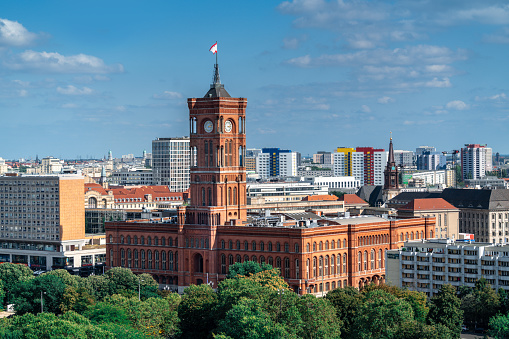 Aerial view of Berlin skyline with skyscrapers and red town hall