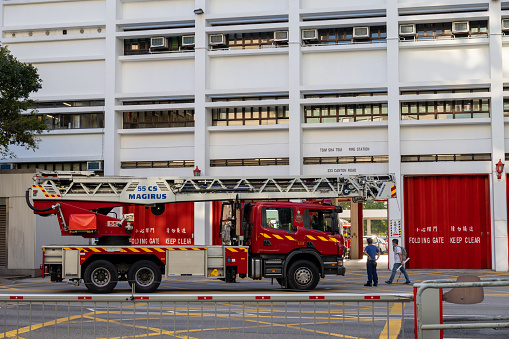 Hong Kong - October 4, 2021 : Tsim Sha Tsui Fire Station is a fire station in Tsim Sha Tsui, Kowloon, Hong Kong. The site was once a Royal Navy torpedo depot.