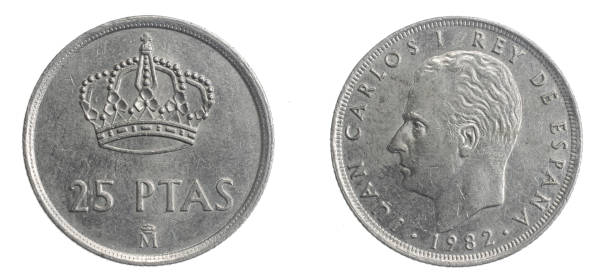 istock Spain twenty five ptas coin on white isolated background 1344777289