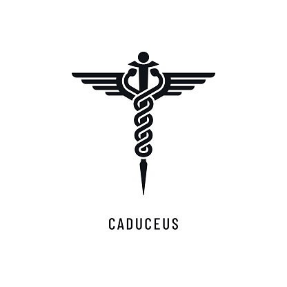 Caduceus icon with spiral snakes, wings and human shape. Medical vector logo design.