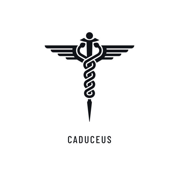 Caduceus Medical Vector Icon Caduceus icon with spiral snakes, wings and human shape. Medical vector logo design. medical symbols stock illustrations
