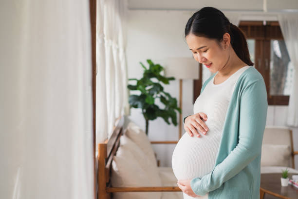asiatische junge schwangere frau lächelt mit großem bauch zu hause - schwanger stock-fotos und bilder