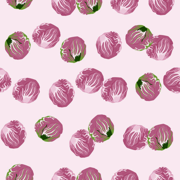 ilustrações de stock, clip art, desenhos animados e ícones de seamless pattern radicchio salad on pastel pink background. abstract ornament with lettuce. - lettuce endive abstract leaf