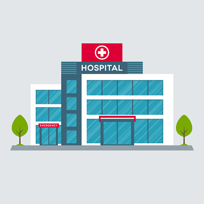 Medical center front view on white background. Hospital building vector design.