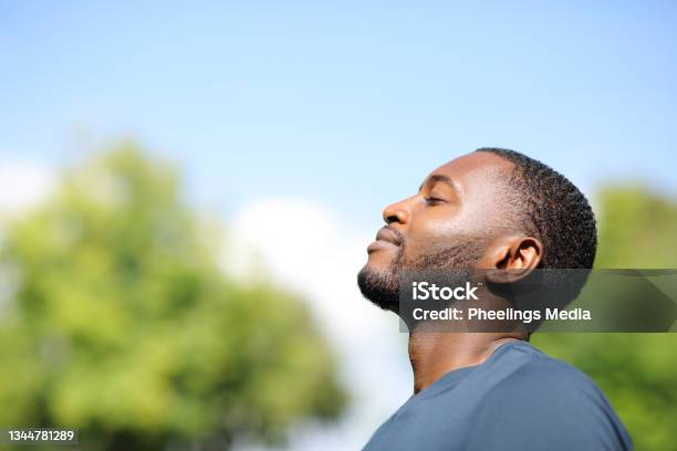Perfil De Un Hombre Negro Respirando Aire Fresco En La Naturaleza Foto de stock y más banco de imágenes de Hombres