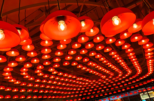 traditional red lanterns on the top at central market in hong kong