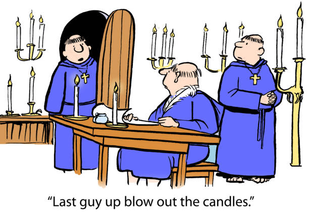 Monks use candles for light "Last guy up blow out the candles." cloister stock illustrations