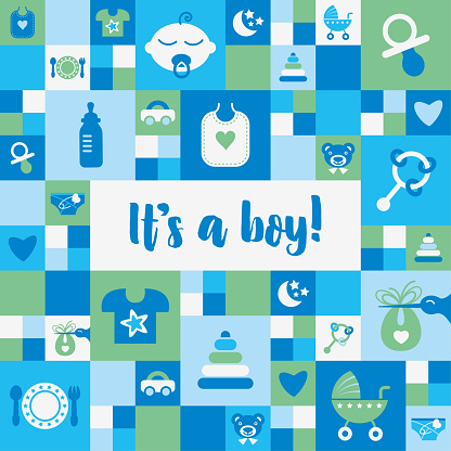 Modern vector greeting card design for the celebration of a newborn baby boy with related icons and symbols. Blue colors. Mosaic Pattern. Square Format.
