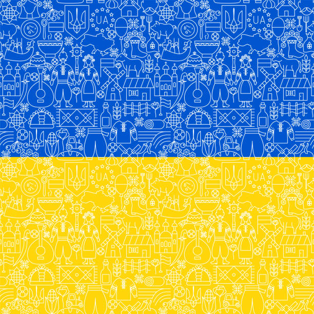 bezszwowy wzór flagi ukrainy - ukraine trident ukrainian culture coat of arms stock illustrations