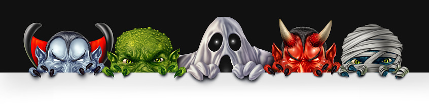 Monster group banner with Mummy ghost and vampire monsters peeking behind a blank white sign with an angry creepy green zombie mutant hiding behind a billboard as a halloween design with 3D illustration elements.
