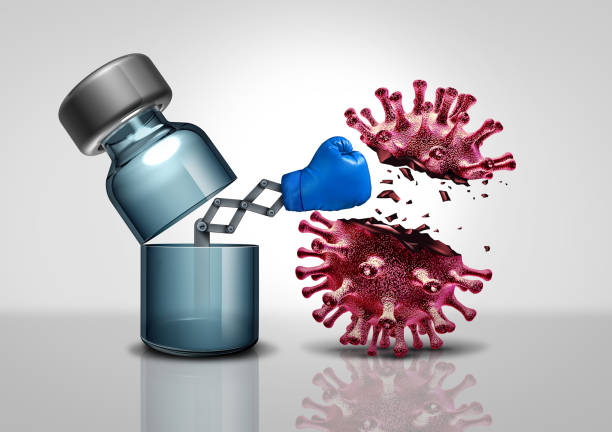 Virus Vaccination Concept Virus vaccination concept and vaccine for flu or coronavirus medical fight disease control as a vial bottle of medicine fighting a contagious pathogen cell as a health care metaphor for illness prevention with 3D illustration elements. booster dose stock pictures, royalty-free photos & images