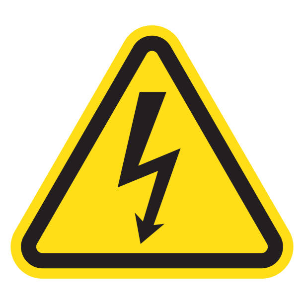 High voltage icon. Black triangle shape with black lightning sign. High voltage sign hazard warning. High voltage icon. Black triangle shape with black lightning sign. High voltage sign hazard warning. warning coloration stock illustrations
