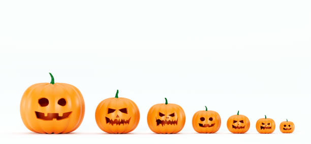 istock Pumpkins standing in a row. Big and small funny pumpkins, 3d rendering. Pumpkin for Halloween with a funny smiling face, on a white background. Jack O Lantern halloween pumpkin, 3d render 1344787571