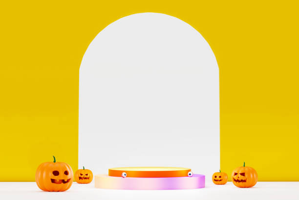 istock Pumpkins standing in a row. Big and small funny pumpkins, 3d rendering. Pumpkin for Halloween with a funny smiling face, on a white background. Jack O Lantern halloween pumpkin, 3d render 1344787658