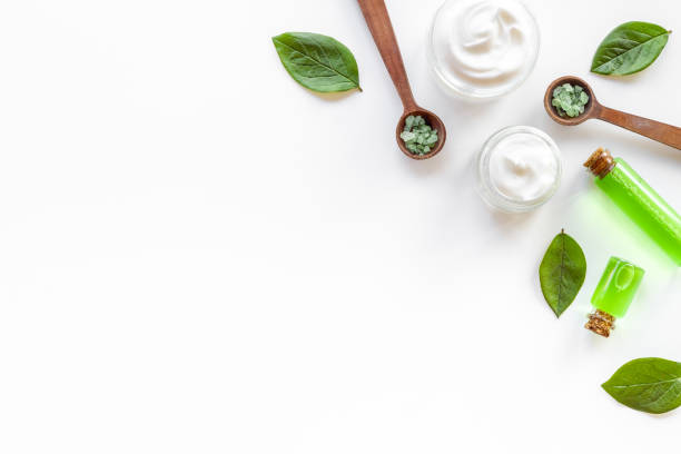 istock Green tea aroma oil and cosmetic with tea tree leaf 1344790158