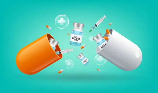 Vector illustration of Pills to treat COVID-19 concept vector illustration. Open capsule pill with falling out vaccine bottle and syringe