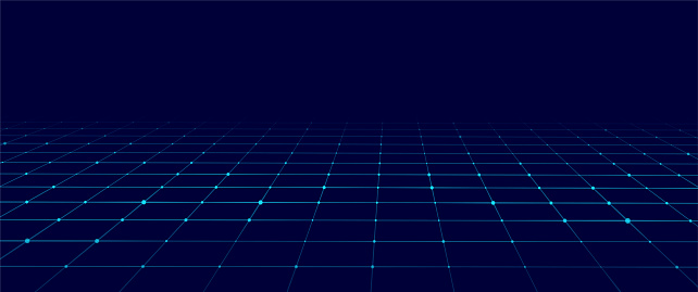 Technology wireframe landscape. Vector perspective grid. Digital space. Mesh on a blue background.