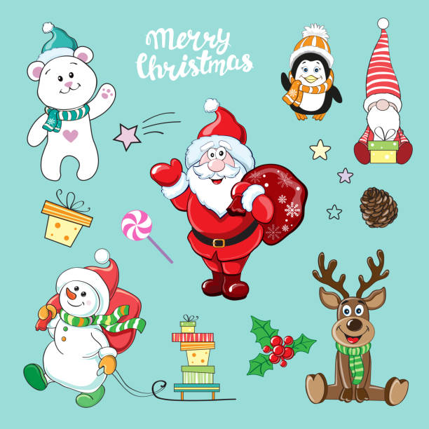 산타 클로스, 눈사람, 선물, 북극곰과 파란색 배경에 chriatmas 사슴크리스마스 카드 - snowman snowball men christmas stock illustrations