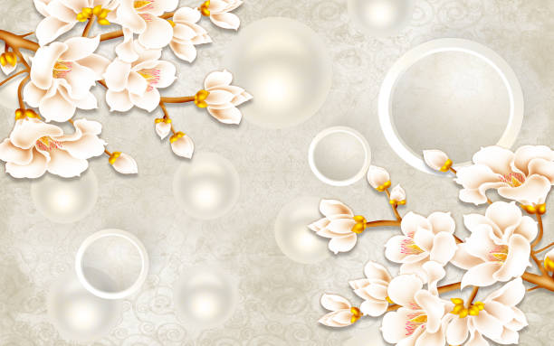 istock 3d classic mural illustration wallpaper background with flowers, white circles simple pearls decorative f 1344794189