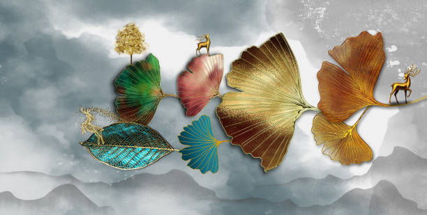 istock modern wall frame canvas art wallpaper.
3d colored feathers, leaves, deer and tree in dark background . 1344794234
