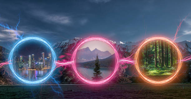 Three magical portal in between various realities, multiverse theory concept illustration stock photo