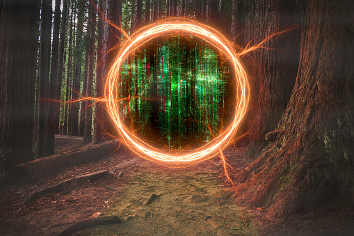 Magical portal between forest and green computer code reality