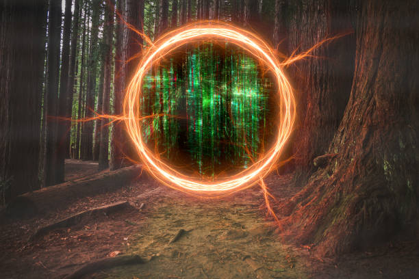 Magical portal between forest and green computer code reality stock photo