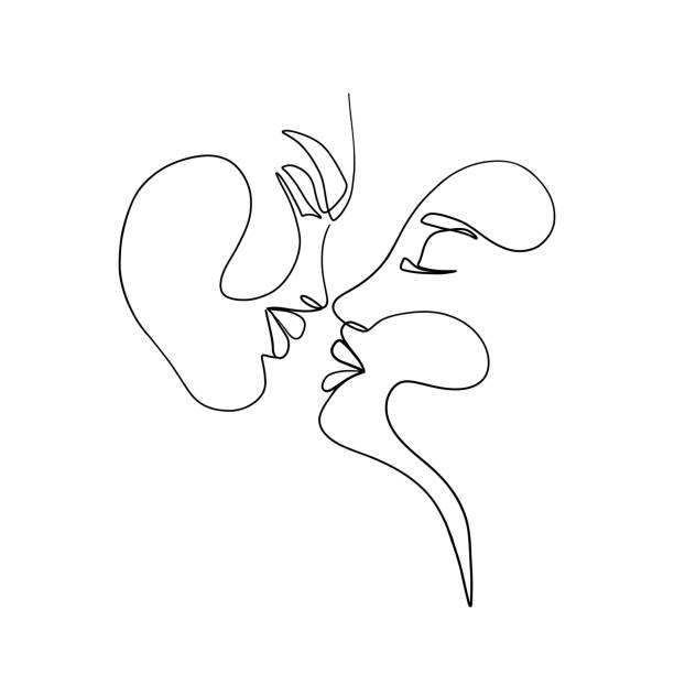 ilustrações, clipart, desenhos animados e ícones de minimalista amor casal uma linha arte. homem e mulher abstratos beijam silhueta contínua desenho de linha. ilustração vetorial - kissing