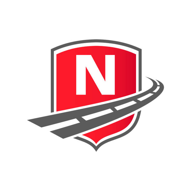 illustrations, cliparts, dessins animés et icônes de logo de transport avec concept de bouclier sur le concept de la lettre n. n lettre transport route logo design modèle de fret - n train