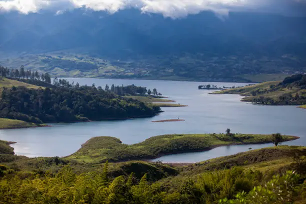 View of the biggest artificial lake in Colombia called Calima Lake located on the mountains of Darien at the region of Valle del Cauca
