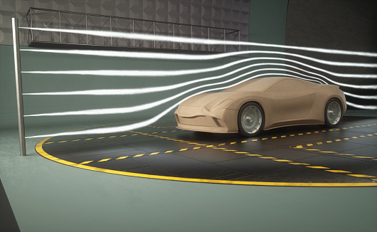 3D illustration of imaginary sports car. Conceptual prototype inside aerodynamic tunnel.