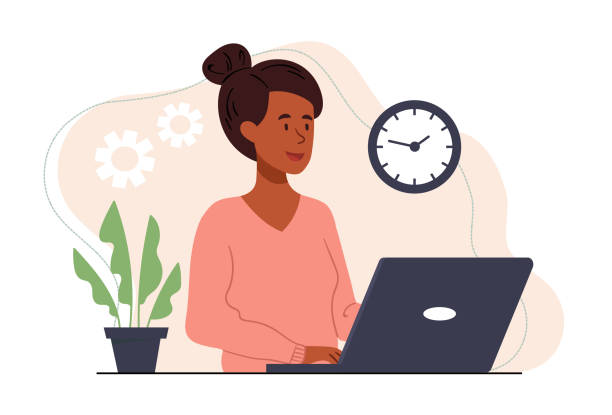 Freelancer behind laptop Freelancer sitting behind laptop. Cute girl working from home, free schedule. Online distant work, internet technologies concept. Cartoon flat vector illustration isolated on white background time management student stock illustrations