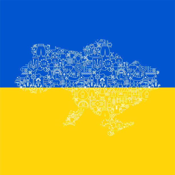 Ukraine Country Flag Map Ukraine Country Flag Map. Vector Thin Outline National Symbols. kyiv stock illustrations