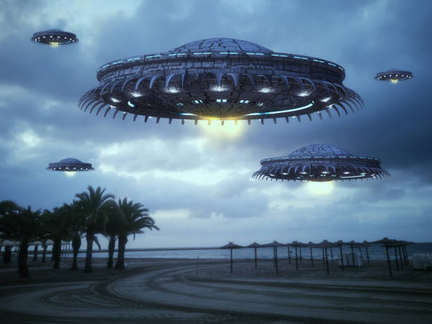 rendering 3d. concetto di astronave ufo - alien mystery space military invasion foto e immagini stock