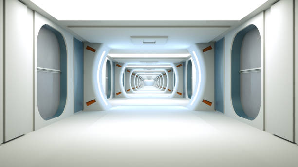 istock 3d render. Futuristic spaceship corridor interior design 1344801617