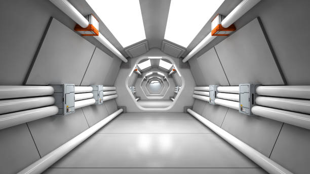 istock 3d render. Futuristic spaceship corridor interior design 1344801741