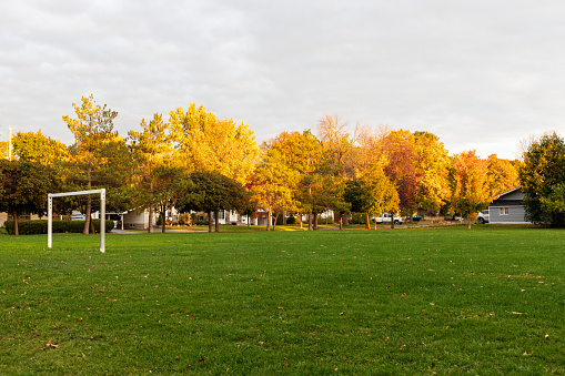 Public park and soccer field with green grass and gates in autumn in the evening during sunset.